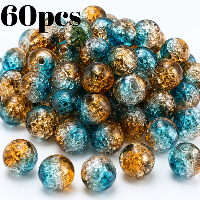 TEMU Lot de 60 perles rondes bleu à , motif craquelé dégradé effet verre brisé, perles d'espacement transparentes bicolores à paillettes pour