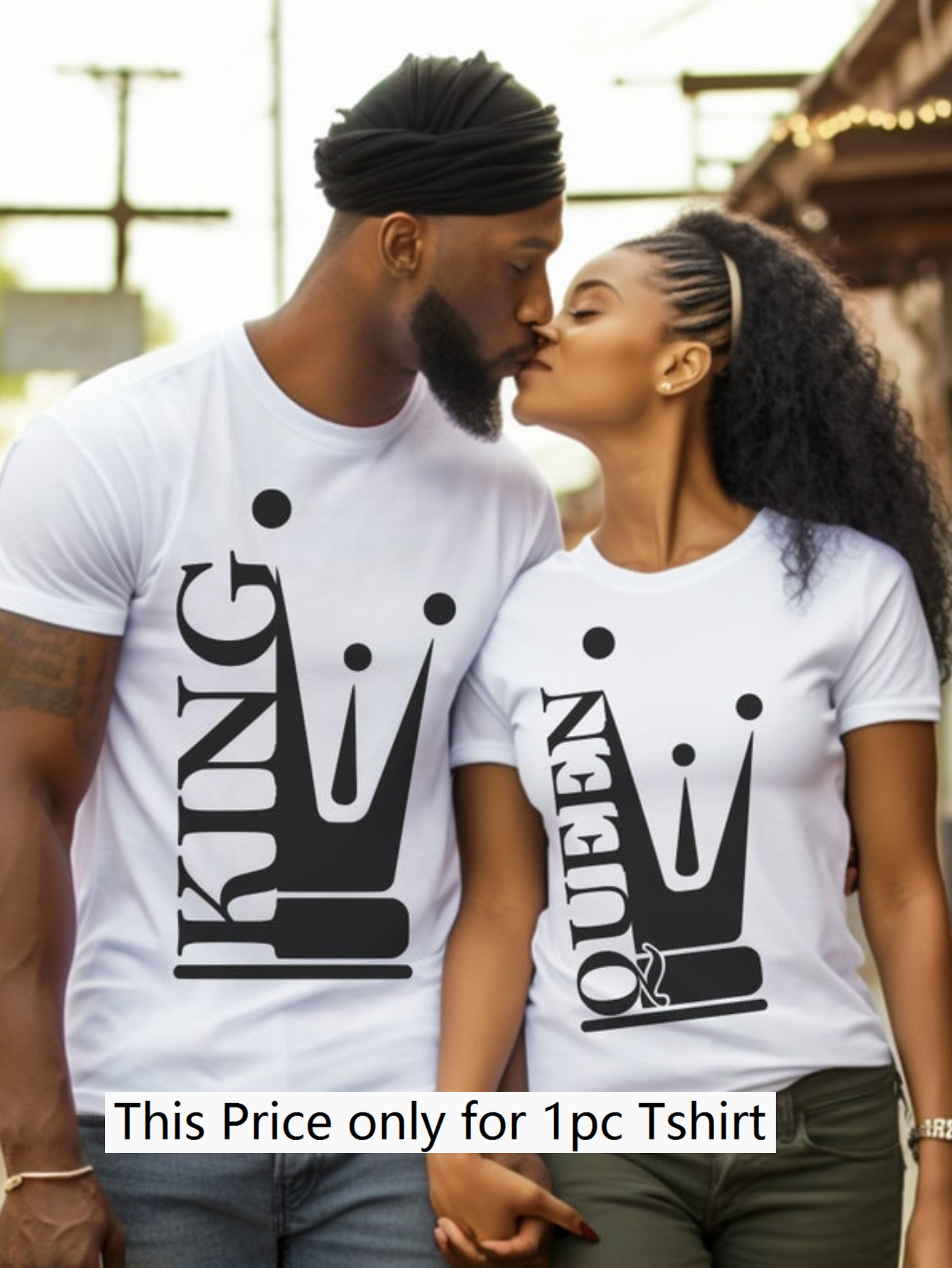 1pc "King & Queen" Matching Couples Shirt - Casual Cotton, Short Sleeve, Round Neck - Perfect Valentine's Day Gift for Husband and Wife