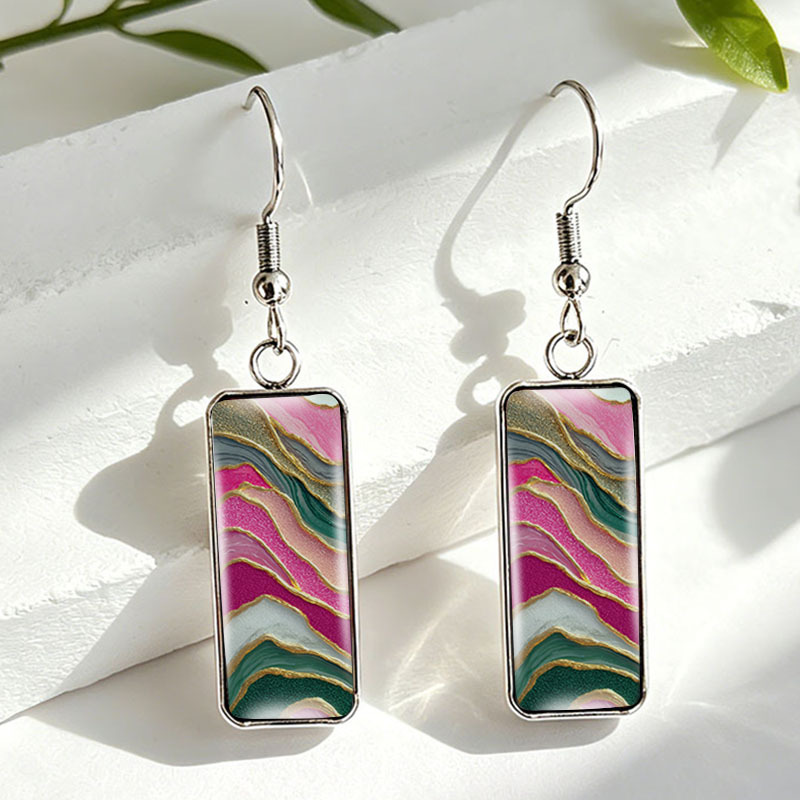 TEMU 1 Pair Pink Abstract Texture Stainless Steel Rectangular Drop Earrings Unisex Jewelry, Without Battery