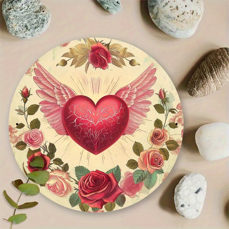 valentijnsdag aluminium liefdeshart bord met engelenvleugels en rozen, 7.87x7.87 inch - elegante romantische decoratie voor slaapkamers en eetkamers, valentijnsdecoraties, perfect voor kamerdecoratie 0