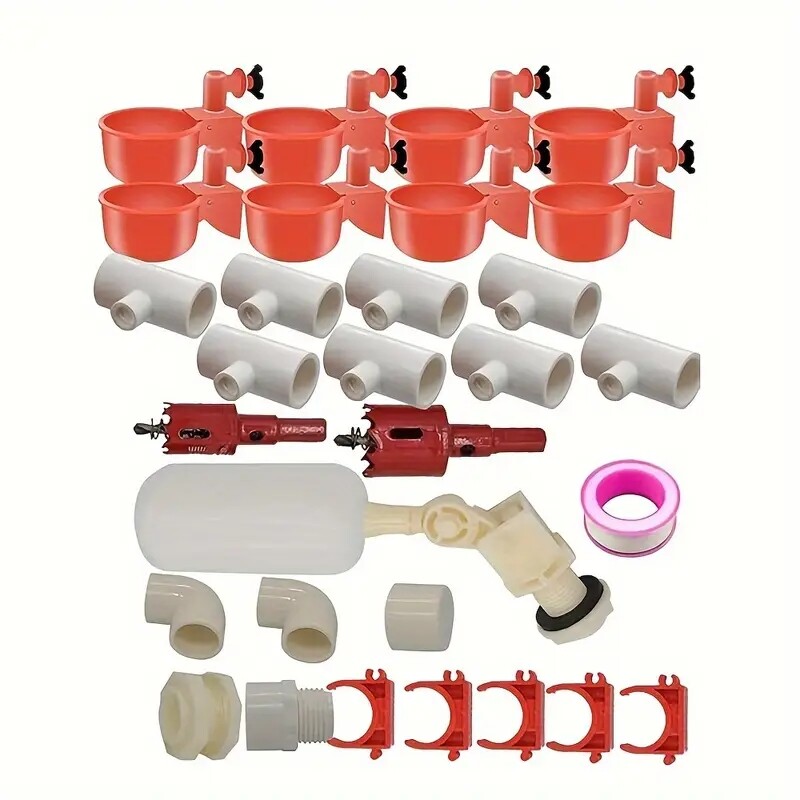 Image of 1 Set 2-in-1 Automatic Chicken Feeder And Waterer Set, Poultry Gravity-fed Feeding And Drinking System With Cups And Pvc Tee Additions