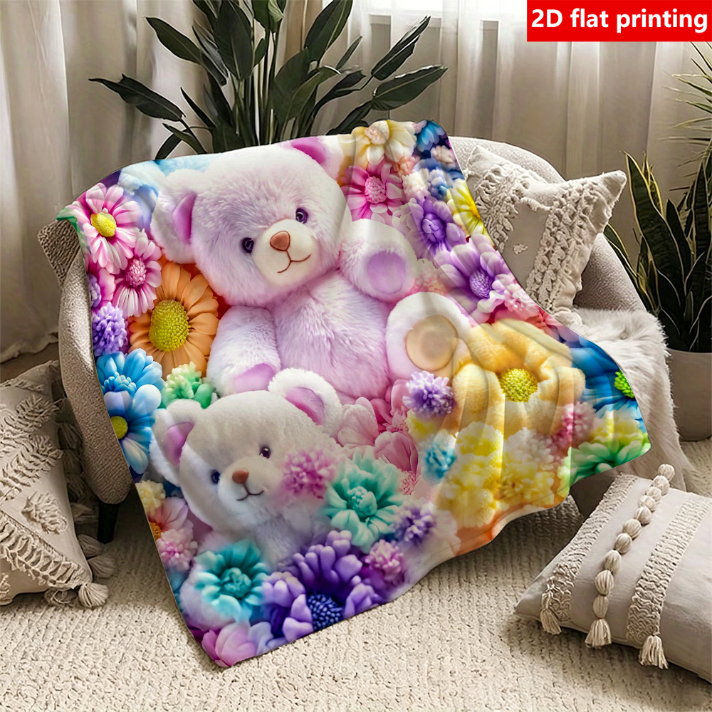 Macaron Colored Bear Floral Flannel Blanket