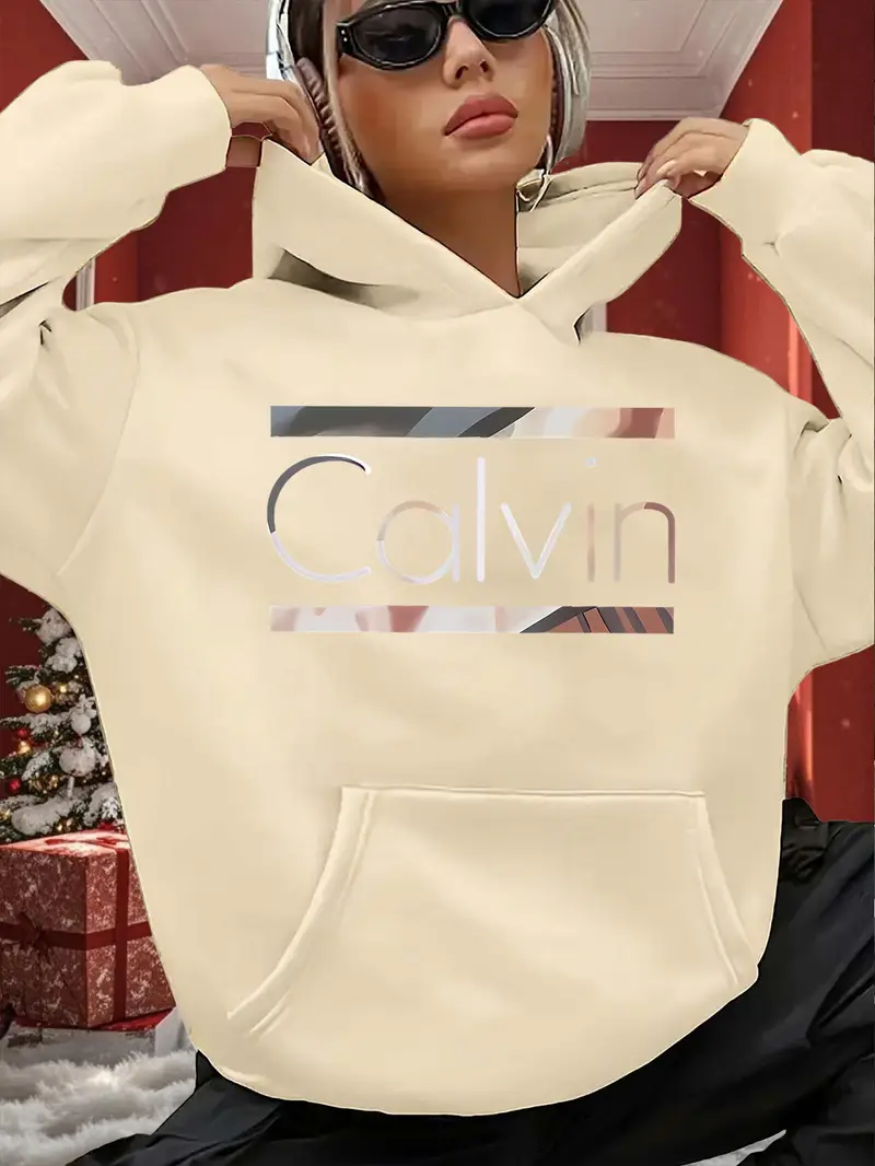 Apricot Women's Oversized Hooded Sweatshirt with Graphic Print