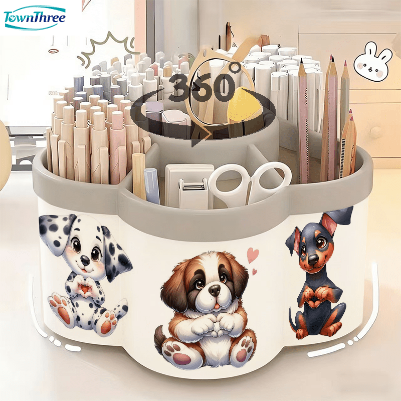 TEMU 2d Flat 1pc Rotating Pen Holder And Cosmetic Storage Box | 3 Cartoon Puppies With Heart Gesture - 360° Rotating Convenient Desktop Storage Box |