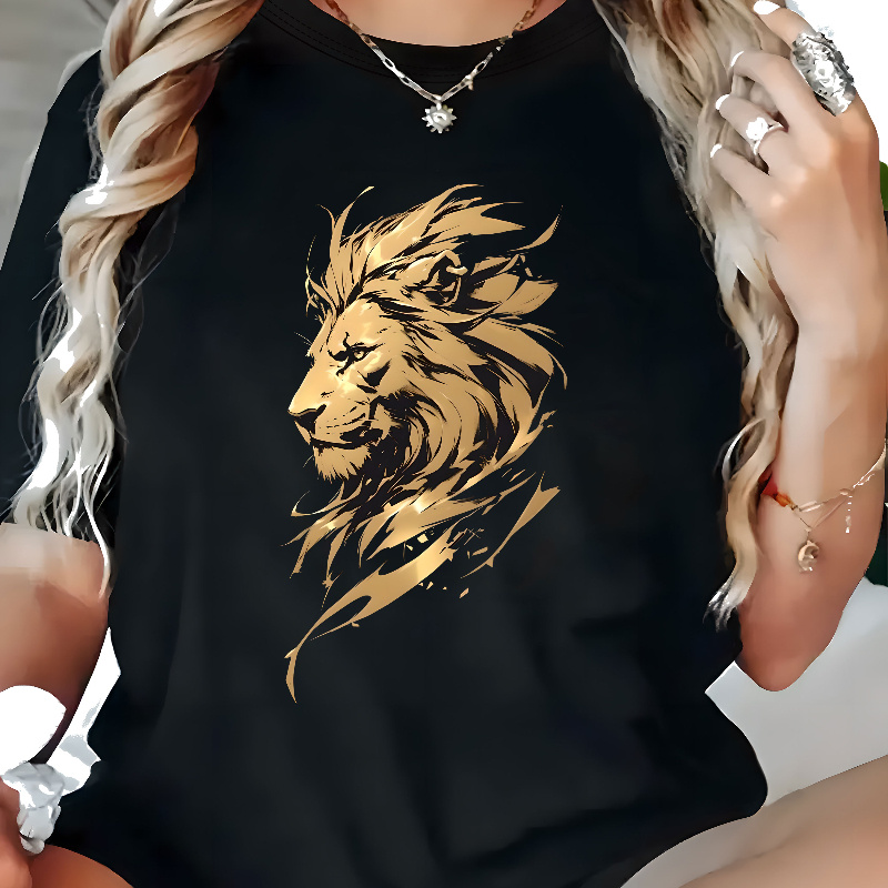 

1pc Women's Casual Lion Graphic Tee, Polyester Knit Fabric, Crew Neck, Short Sleeve, Stretch, Oversized Pullover, Geometric Pattern, Top