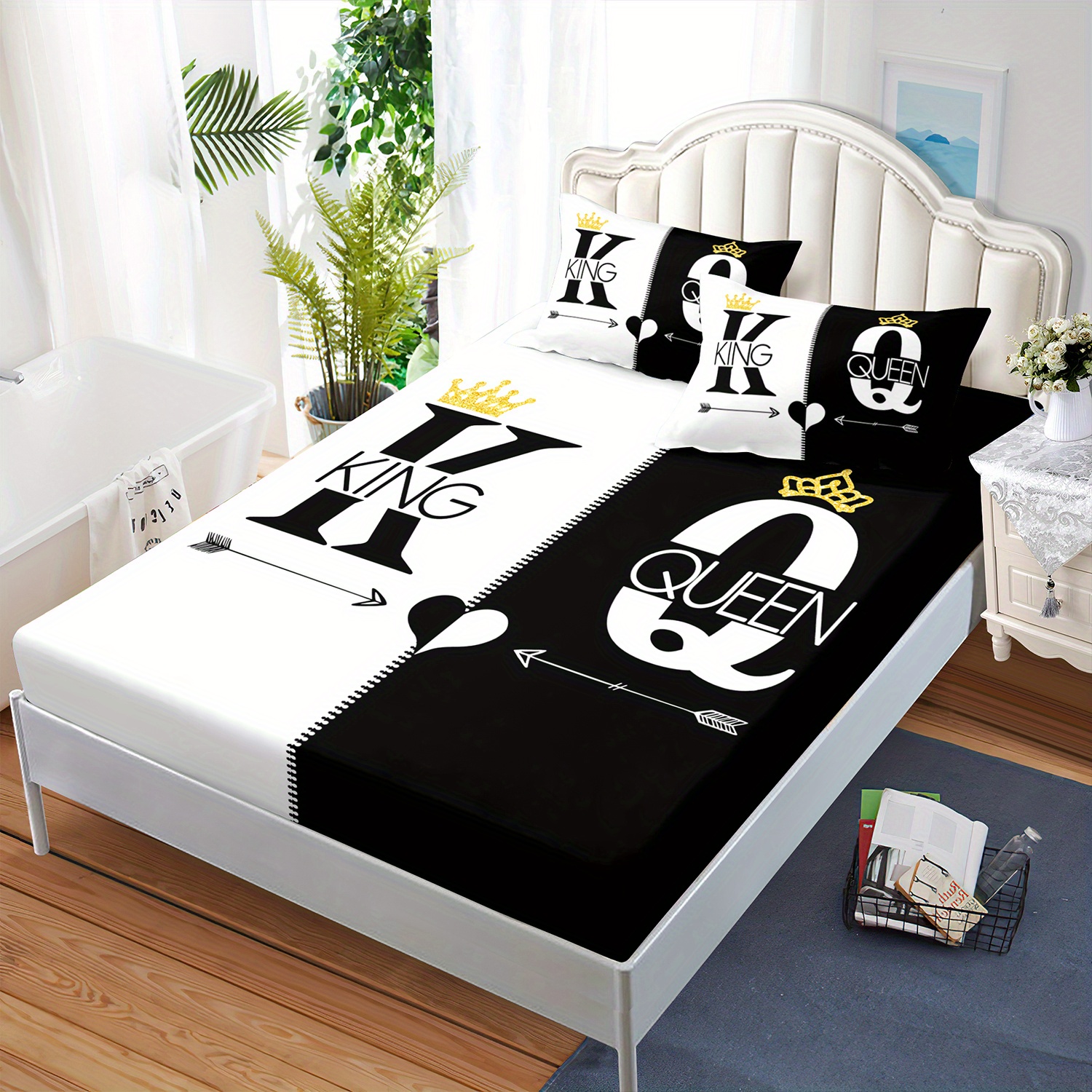 3pcs king queen couple bedding fitted sheets set black white printed bed sheet set for bedroomdormitory and   decorationking and queen   pattern bedding set1 fitted sheet 2 pillowcases without core Product details 3