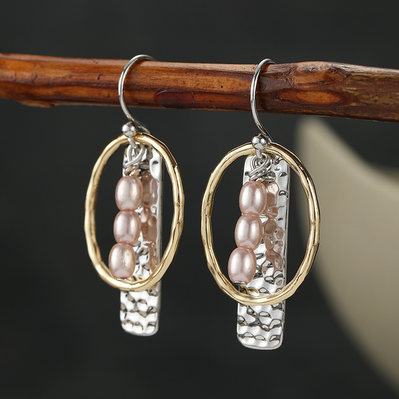 Women's Two-Tone Hammered Oval Hoop Drop Earrings, Minimalist Boho