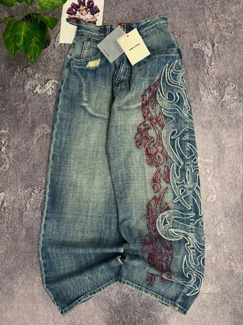 jeans holgados bordados y2k para mujer, estilo rock hip hop retro, cintura , pierna ancha, moda casual, pantalones , diseño con estampado
