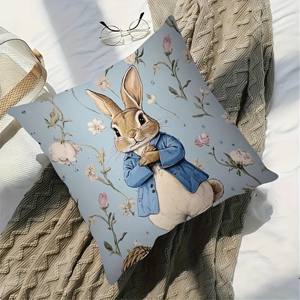 TEMU A Single-sided Printed Pillowcase Featuring A Cute Bunny In Blue With Floral Patterns, Designed To Match , Artistic, And . Perfect For The Warm