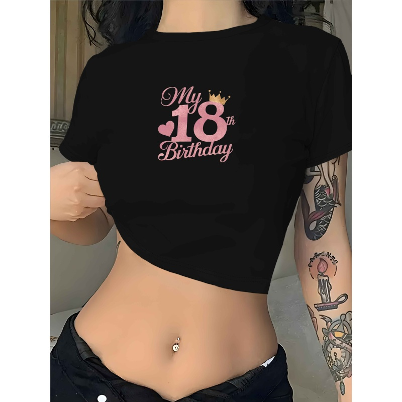 

Chic Y2k-inspired Women's 18th Birthday Crown Tee - Green, Spandex/polyester , Short Sleeve, Round Neck, Stretchy & Machine Washable, Celebrating Milestone Birthdays