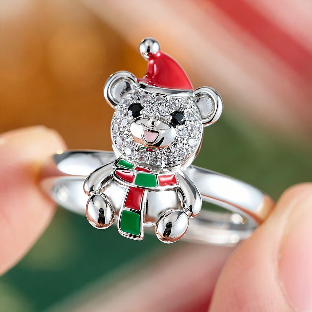 Women's Christmas Teddy Bear Open Ring, Holiday Gift