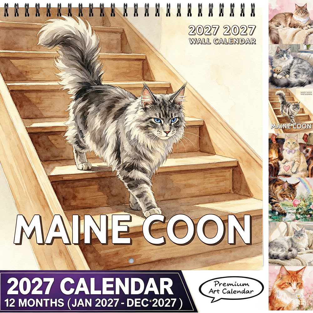 TEMU 2027 Maine Coon Wall Calendar 8.3 X 8.3 Inch Watercolor Cat Pattern Hanging Calendar 12 Months Monthly Calendar For Home Office Wall Decor