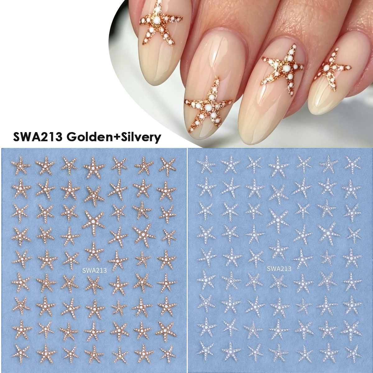 2 Sheet Shimmer Starfish Nail Art Stickers Golden Silvery Decals Theme Summer Sliders Manicure Decor
