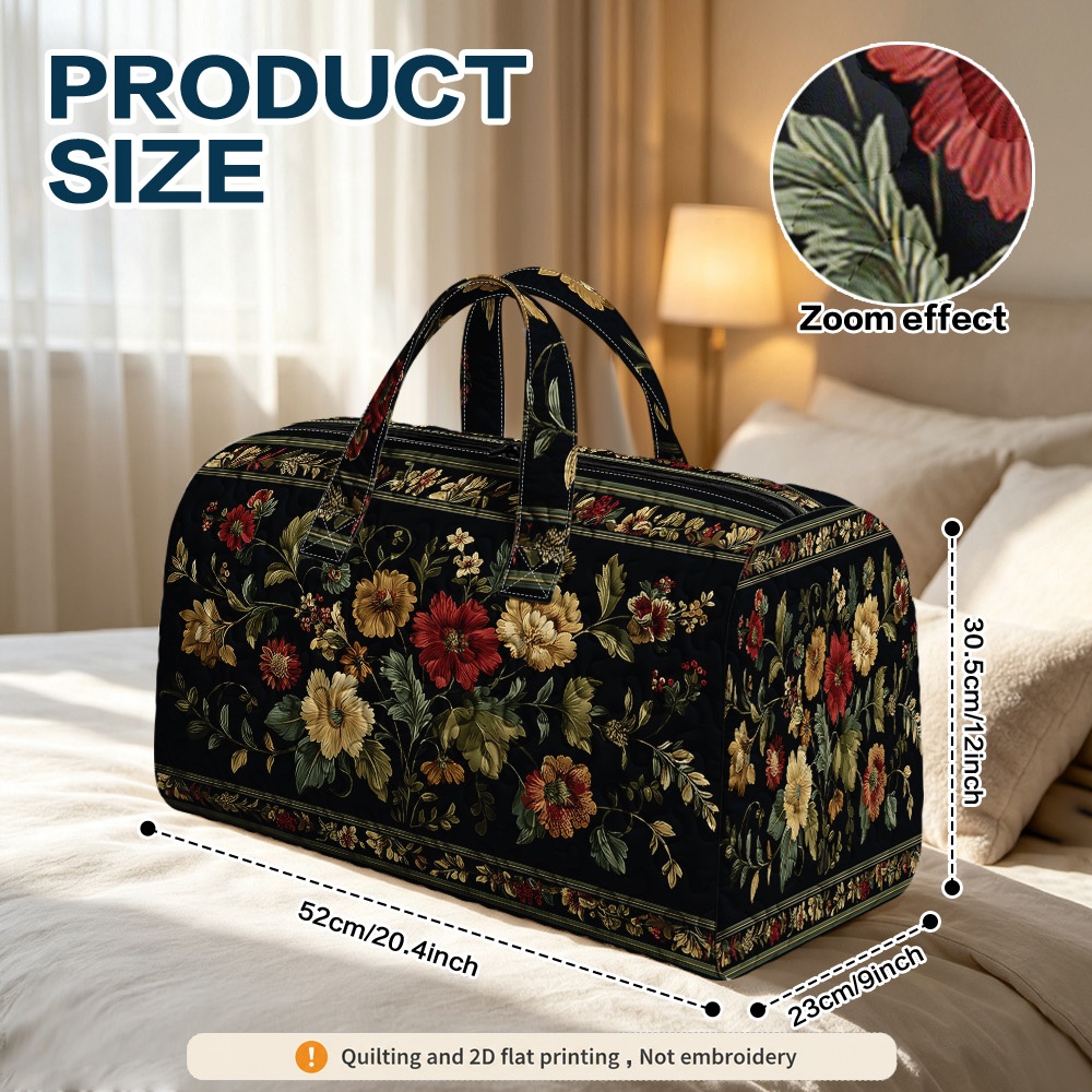 TEMU 1pc Ridesay Vintage Quilted Travel Bag - Multifunctional Red Golden Floral Handbag & Duffle, Machine Washable Suitable For Gym, Business, Daily