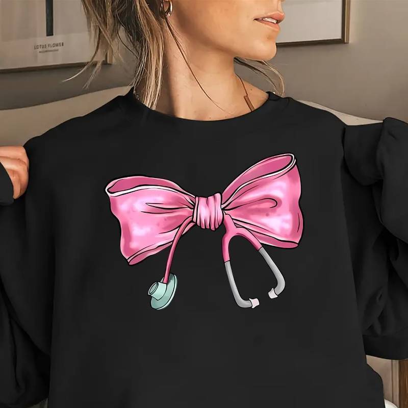 

1pc Women's Crew Neck Pullover Sweatshirt With Stethoscope Bow Print, Polyester Knit Fabric, Slight Stretch, All- Style, Adult Sizes