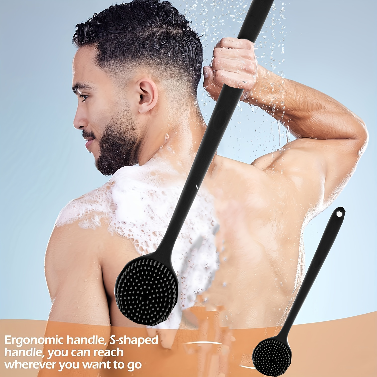 

Ergonomic Silicone Bath Brush With Long Handle, Gentle Back Scrubber, Deep Cleaning Skin Care, Manual , No Battery Needed