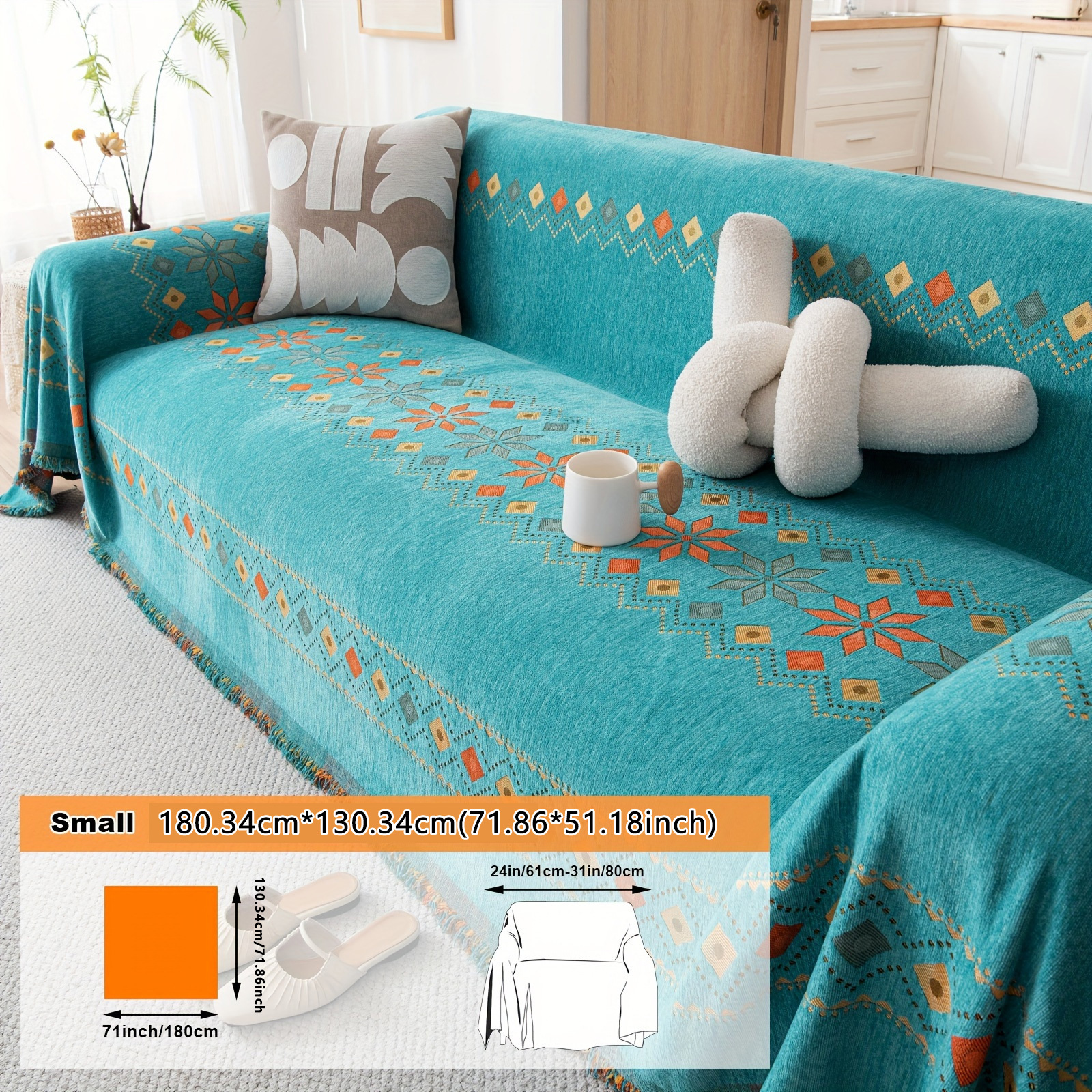 1pc Of Bohemian-style Chenille Sofa Cover Featuring Geometric Embroidery - Oversized, Durable, Suitable For Pets, And Designed For Use As A Furniture Protector For Bedrooms, Offices