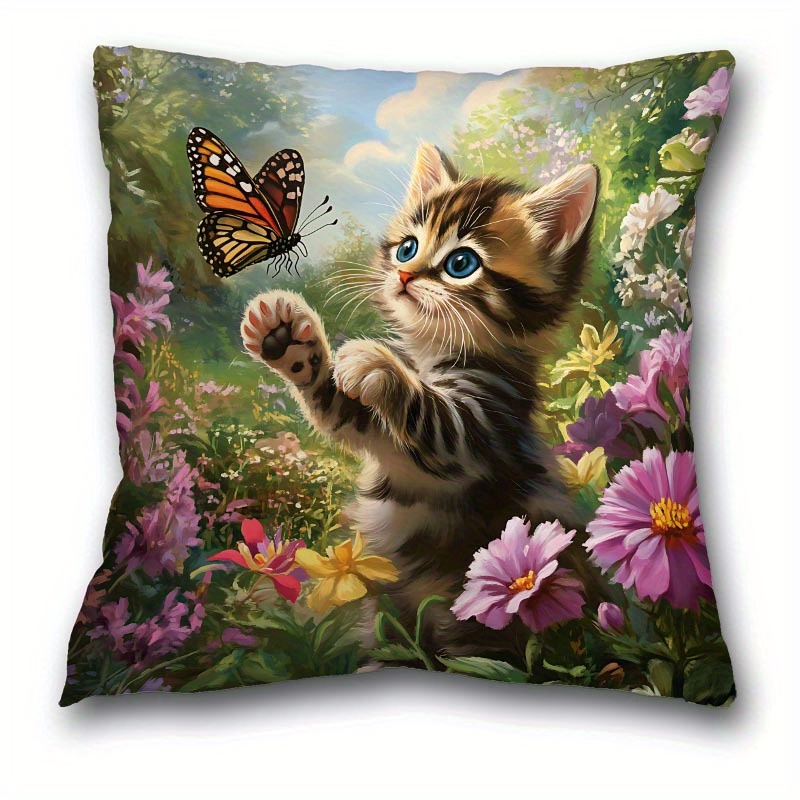 

1pc Bohemian Style Cat And Print Short Plush Pillowcase, 17.7"x17.7", Machine Washable Polyester, Zipper Closure, Decorative Cushion Cover For Room Types - Excludes Insert