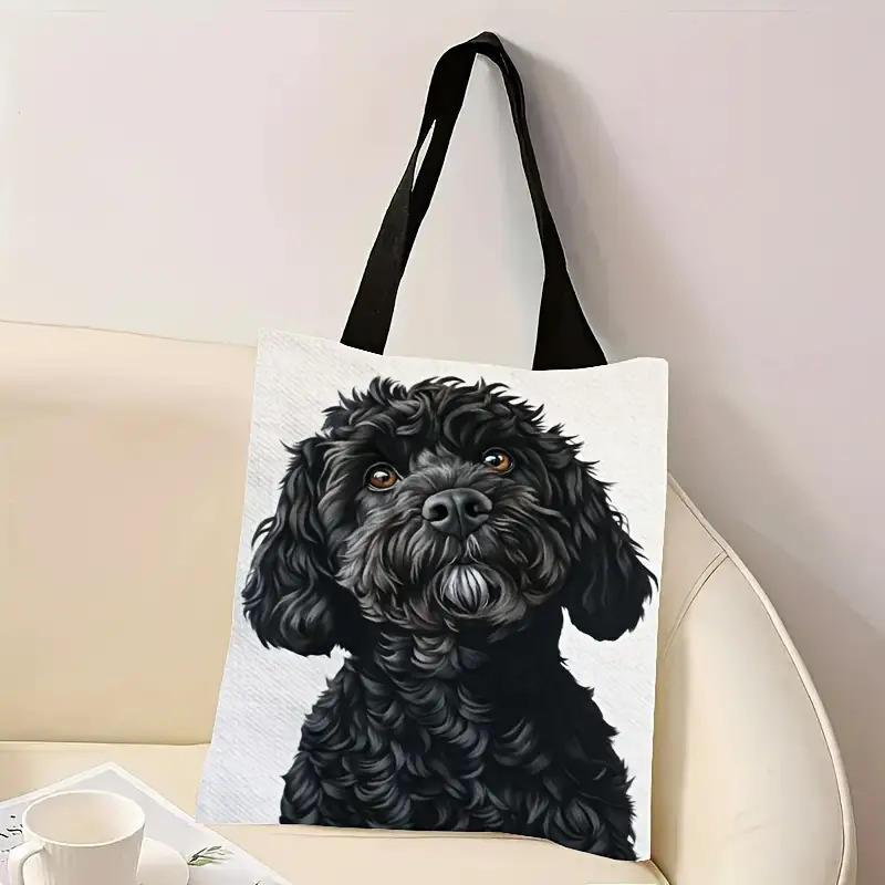 TEMU 2d Flat Printing 1pc, Stylish Black Cockapoo Dog Print Canvas Tote Bag- Foldable Reusable Shoulder Bag For Women, Lightweight Christmas,
