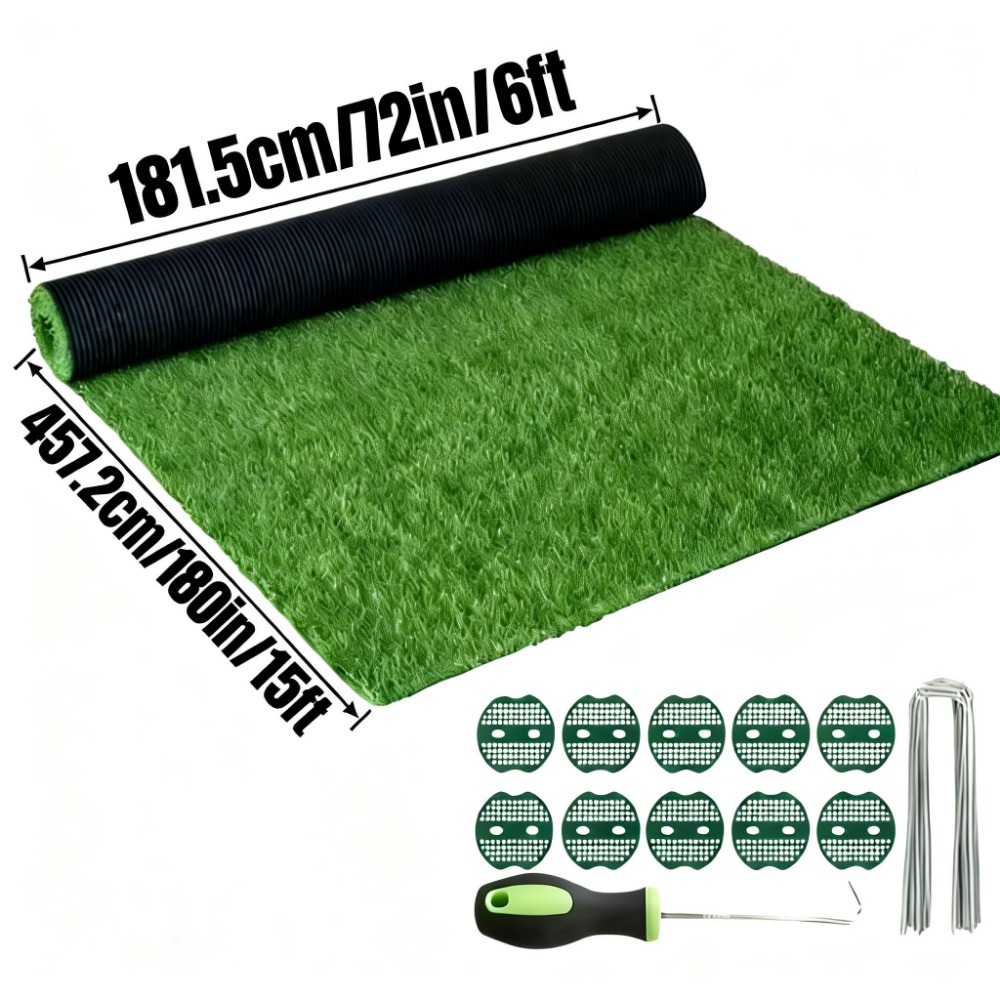 TEMU Artificial Grass With Installation Tools 6x15ft (90 Sq Ft) Realistic Artificial Grass 0.6 Inch Pile Height Deluxe Pet-friendly Indoor Outdoor