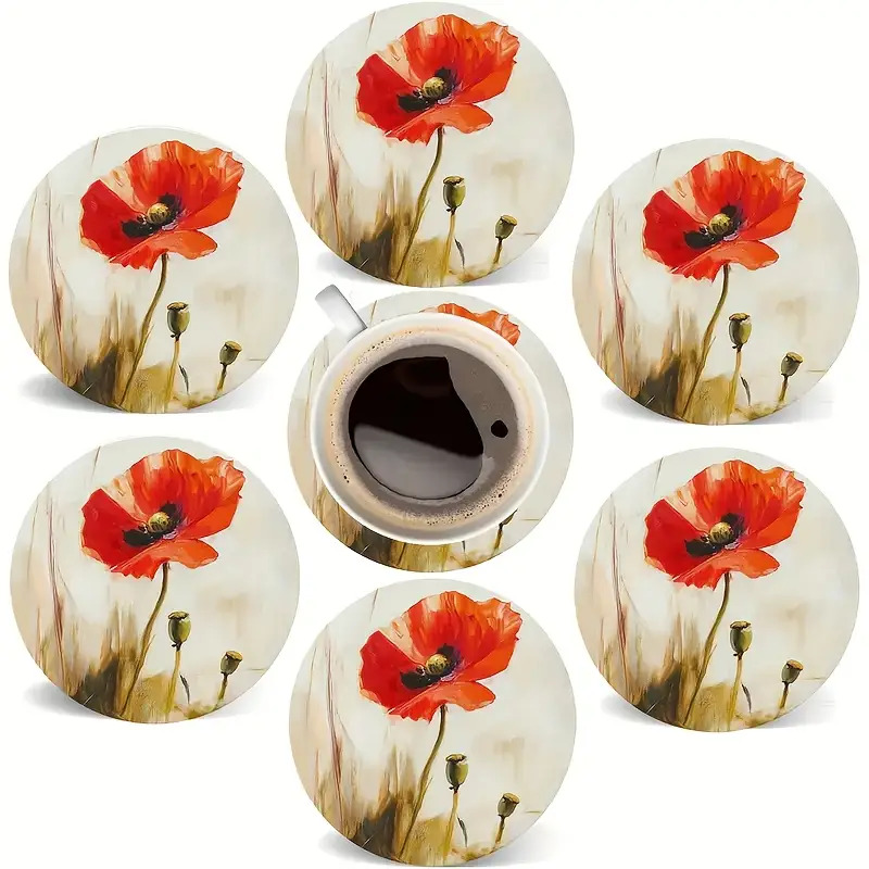 TEMU Set Of 6 Poppy Flower Decorative Wooden Drink Coasters, Featuring Bright And Colorful Festive Designs, Heat-resistant, Suitable For Beverages,