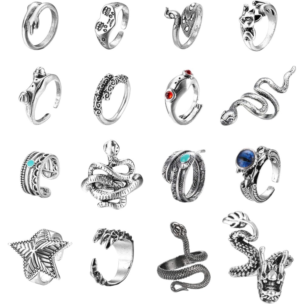 Image of 16pcs Vintage Punk Adjustable Open Rings With Cute Animal Designs Snake Skull Frog Knuckle Stacking Gothic Style For Teenager And Teenager, For Teenager, For Teenager