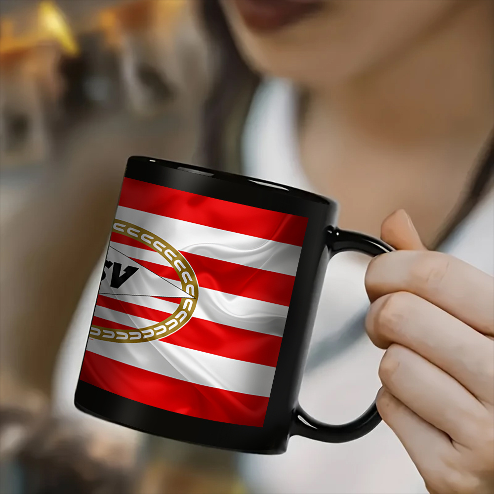 1pc 11oz PSV Logo Keramische Mok - Duurzame Beker voor Heet & Koud Drankje, Zwart met Rode & Witte Strepen, Gouden Cirkel Ontwerp - Ideaal voor Kantoor, Thuis, en Cadeau