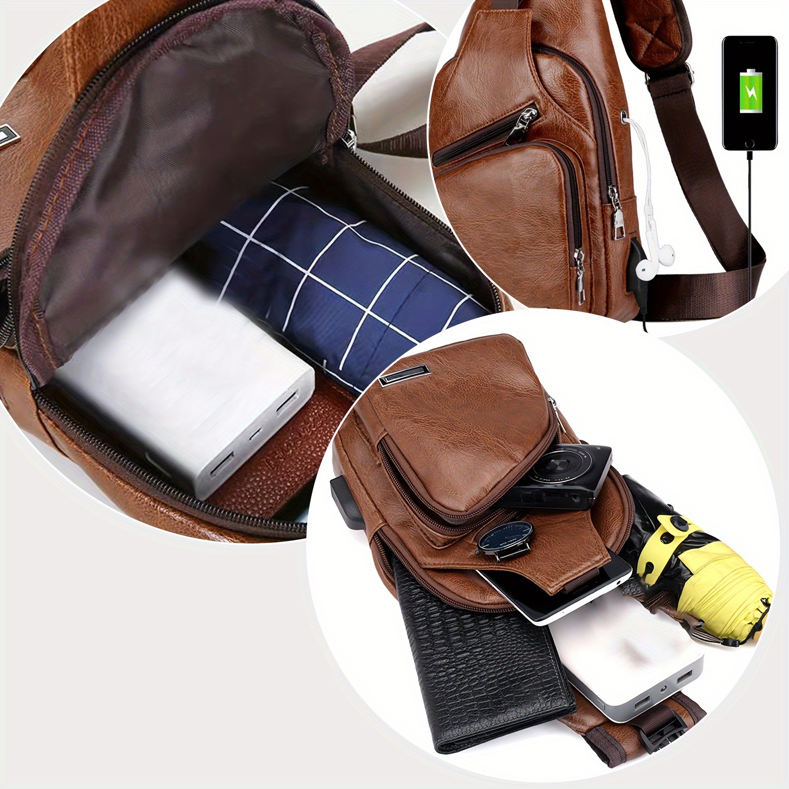 Outdoor Sport PU Chest Bag Crossbody Bag, Men's And Women's Crossbody Bag with Headphone Hole, Lightweight, Fade-resistant, Multi-layer Design, Adjustable Shoulder Strap, Zipper Closure, Polyester Lining, Suitable for Outdoor Travel, Hiking, Camping