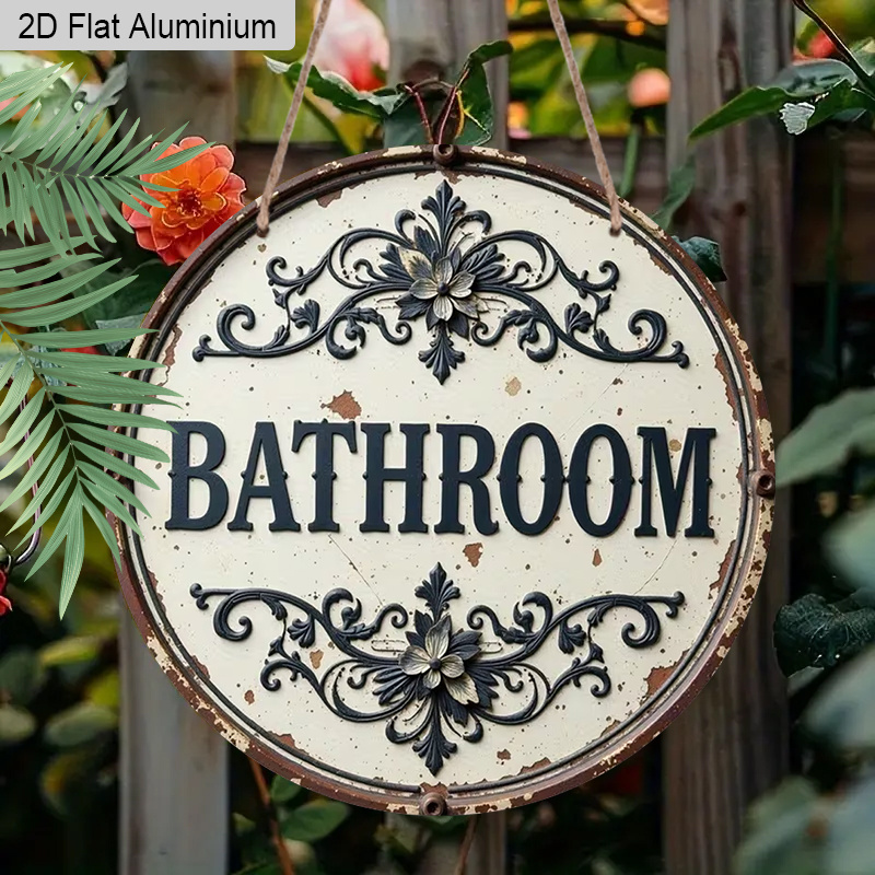 TEMU 2d Flat Aluminum Rustic Bathroom Sign For Door | Wall Decor, Round Aluminum Metal Hanging Plaque, Shabby Chic Embossed Restroom Decoration For