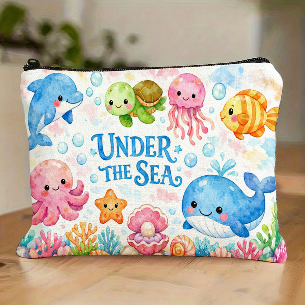 TEMU 1 pz, Borsa per trucco con stampa di animali marini, Pochette portaoggetti con cerniera, Organizzatore unisex, Portaoggetti multifunzionale, e
