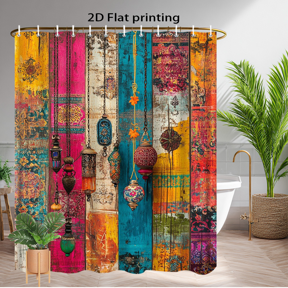 TEMU 2d Flat, 2d Flat Bohemian Moroccan Style Shower Curtain- Vintage Lantern Pattern, Suitable For Bathroom Decoration, Machine Washable Shower