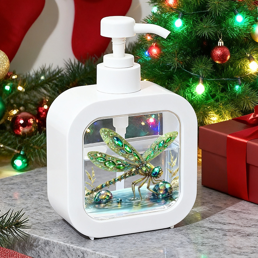 TEMU Bathroom Dispenser With Hand Pump - A Jeweled Dragonfly Rests 's Surface, Its Wings Encrusted With Emeralds And Its Body Made Of Golden Metal, The Light Of In The Water, A Effect