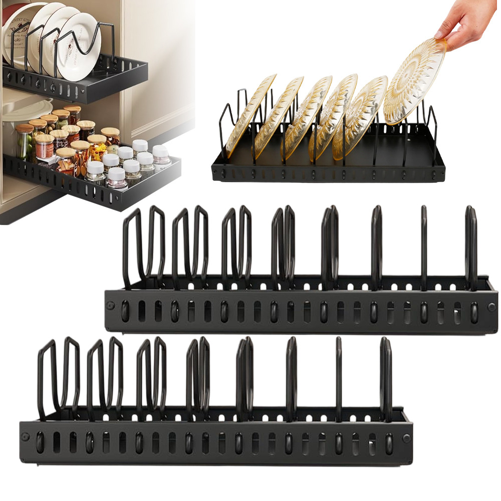 2pcs Pull-out Cabinet Storage Rack, Suitable For Pots, Pans, And Dishes, No Drilling Required, Adjustable, With 8 Shelves, Carbon Steel Material, Pull-out Pot Lid Rack, Suitable For Kitchen Cabinets