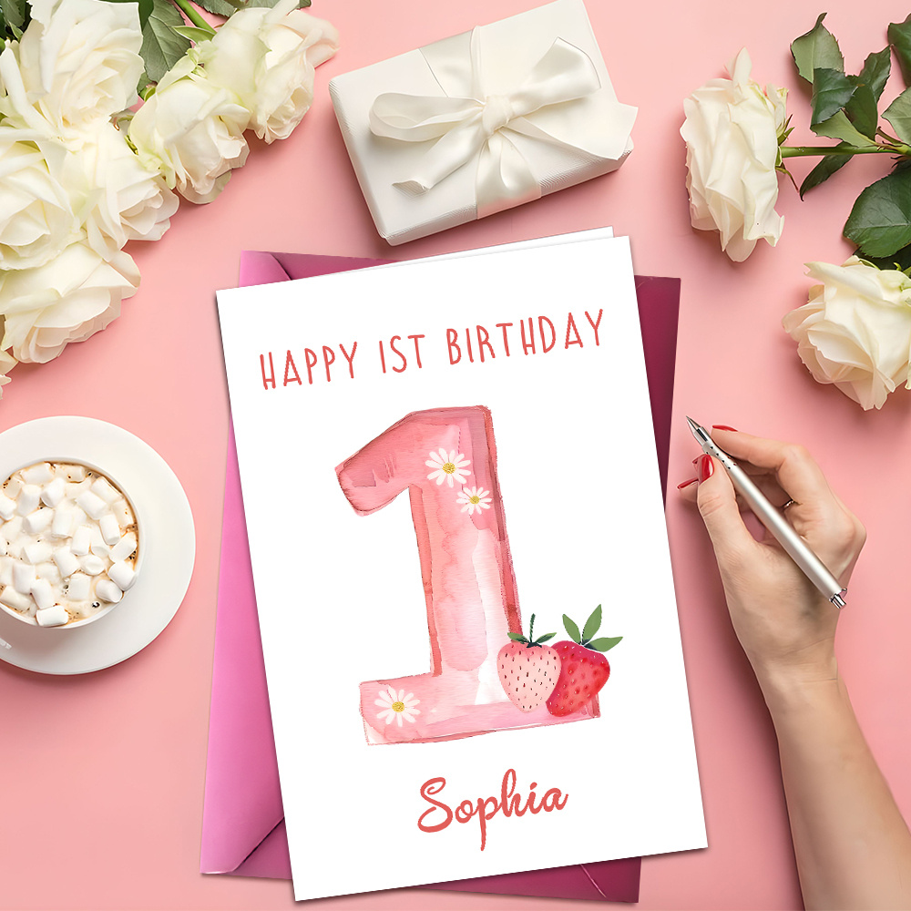 TEMU Custom 1pc Birthday Greeting Cards With Envelopes, Personalizable Text. Featuring Pink Watercolor Number 1 With Daisies And Strawberries ,