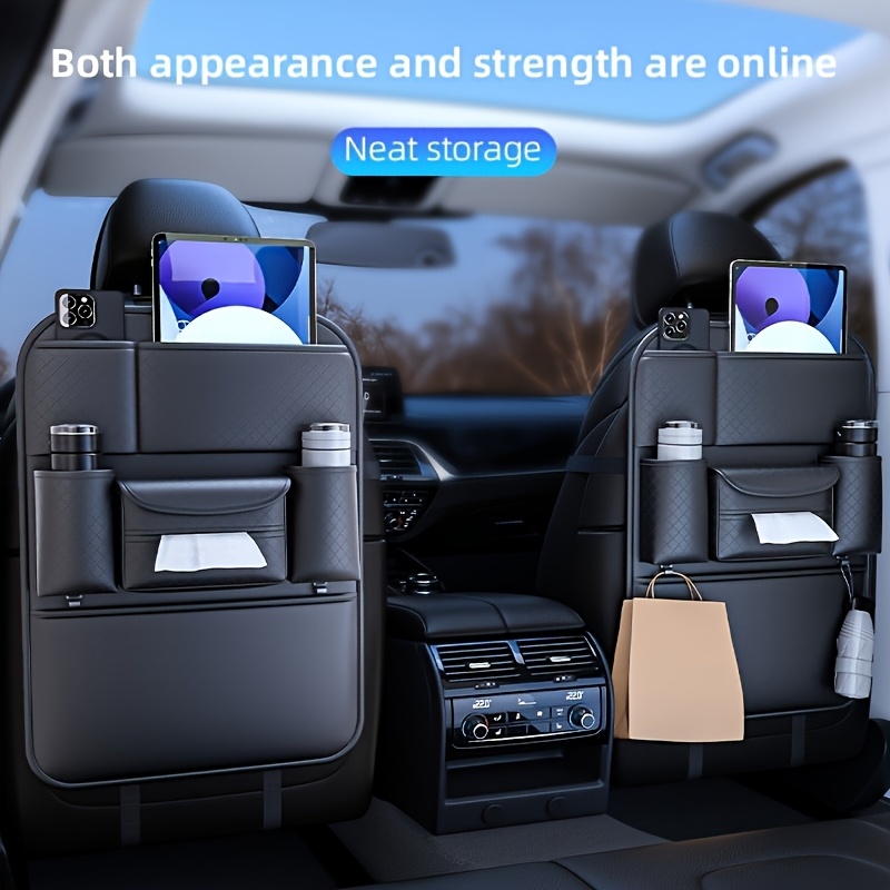 Multifunctional Thickened Flat Double Cup Car Rear Storage Bag with Multiple Pouches And Multifunctional Dual-Head Cleaning Soft Brush, Wear-Resistant Faux Leather Material, Easy to Install, Suitable for Most Car Models, Suitable for SUV, Truck