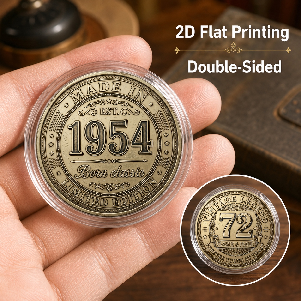 TEMU 1pc, 2d Flat Printing, 1954 Vintage Legend Commemorative Coin (4cm/1.57in), Double-sided Decorative Birthday Coin With Acrylic Protective Case,