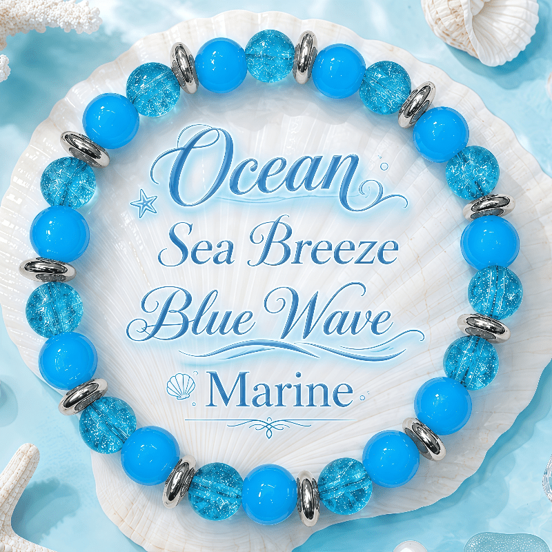 TEMU Style Blue Round Bead Women's Bracelet, Summer Fashion Beach Theme Hand Chain. Ice-feeling Translucent Stone Beads With Silvery Spacer,