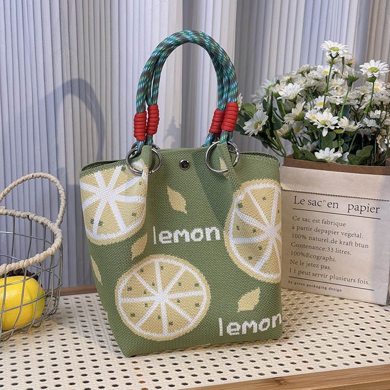 TEMU かわいいレモン柄ミニトートハンドバッグ、カラー織りハンドルケグバッグ、ポータブハンドルバッグ、ショッピング、旅行、ビーチ、普段使いに最適、レディースカジュアルショルダーバッグ