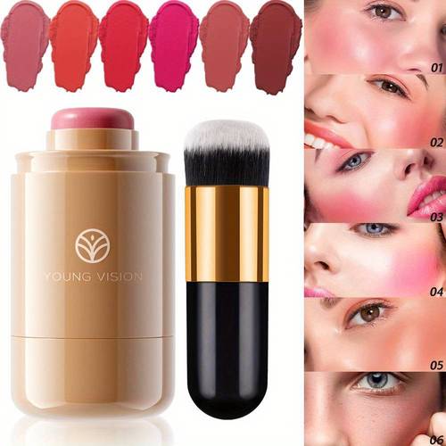 2pcs 3 in 1 cream blush and brush set waterproof formula with dual fiber blending brushes buildable multi use stick for lips cheeks eyes 6 shades universal for all people