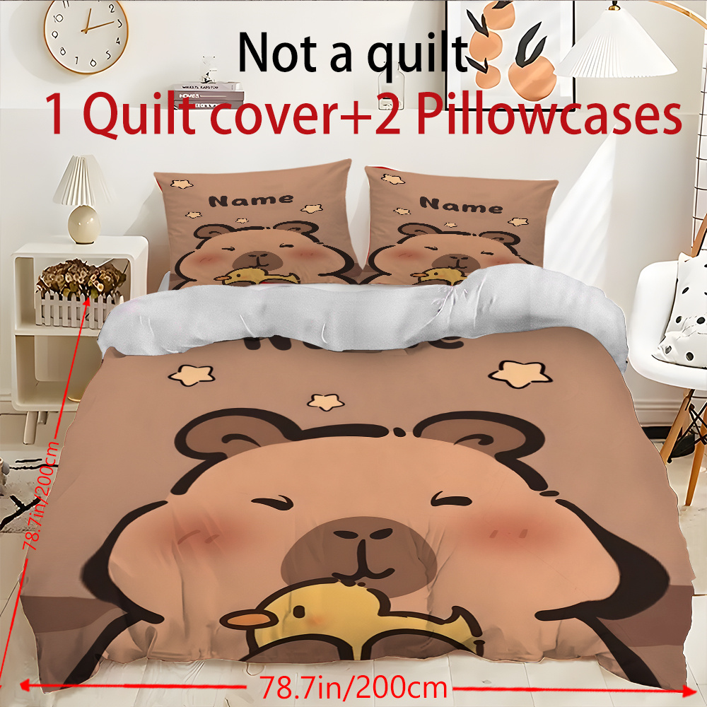 TEMU Ensemble de couvre-lit personnalisé 2pièces/3pièces Kapibala, nom personnalisé, couvre-lit jaune capybara canard, ensemble de literie pièces, (1