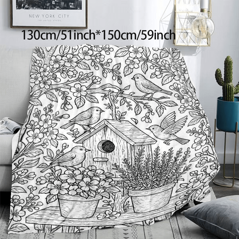 TEMU 1pc Diy Coloring Flower Bird Flannel Blanket. Soft Warm Fabric For Sofa Office. Relax Art Blanket As Gift For Thanksgiving Halloween Christmas