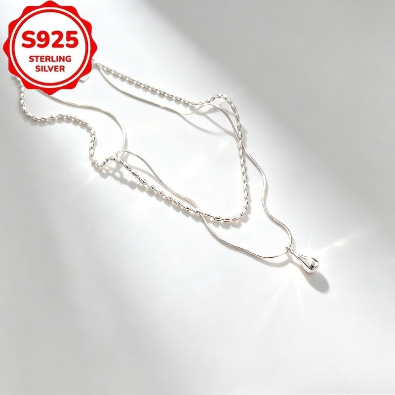 S925 Sterling Silver Double Layered Water Drop Pendant Necklace
