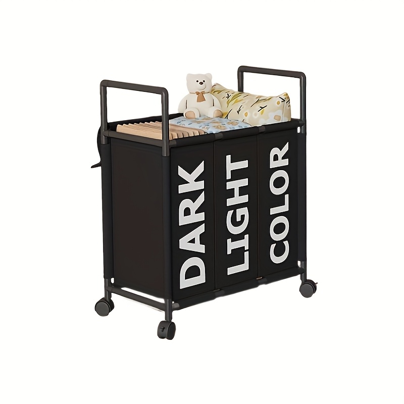 TEMU 2025 New Minimalist Fashion Three-compartment Laundry Hamper With Wheels Household Multi-functional Oxford Cloth Dirty Clothes Storage Basket