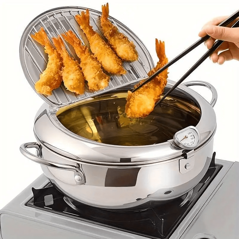 TEMU Japanese-style Deep Frying Pot Made Of 304 Stainless Steel, Featuring An Oil Drain, Temperature Control, And A Lid, Ideal For Cooking , , And Kitchen Stoves Or Induction Cookers