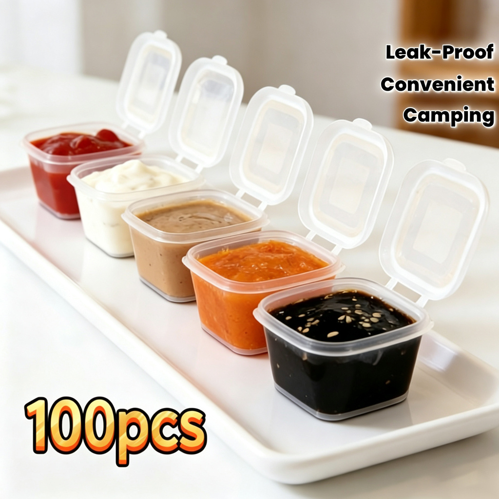 TEMU Lot de 100 pots à sauce, taille 1 oz/avec couvercle, boîtes à collation/gobelets à sauce multi- étanches pour camping air, carrés, pour le