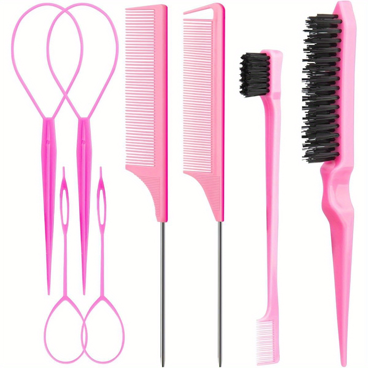   8pcs hair styling combs set   4pcs topsy hair tail tools 2 styles of rat tail comb 1pc bristle teasing and slick back hair brush 1pc edge control brush eyebrow brush for woman girl pink
