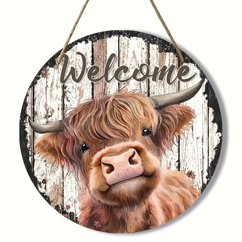 Yalikop 13 Set Patriotic Interchangeable Highland Cow Welcome Sign 11.8 Inch Summer Seasonal Highland Cow Front Door Hanger Holiday