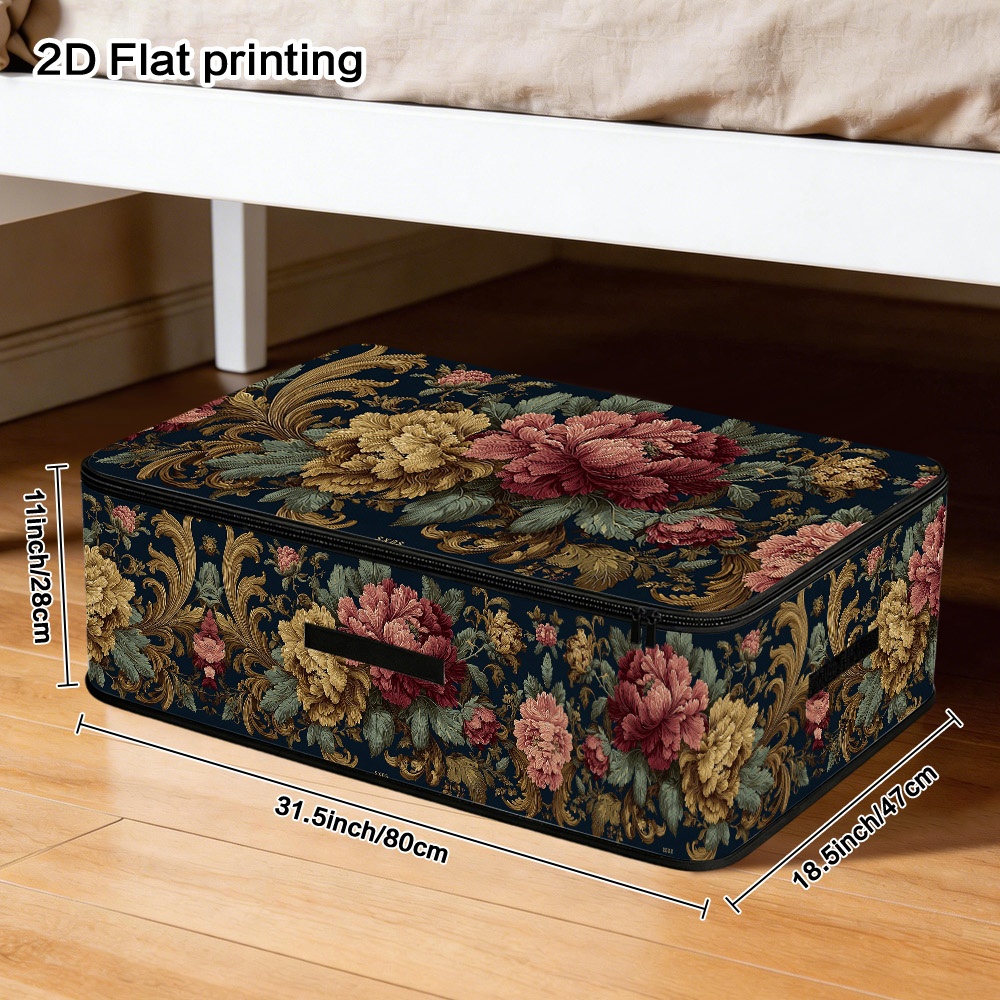 TEMU 1pc, 2d Flat Lidded Storage Bins With Vintage Baroque Peony Flowers Print Design And Lid, Soft Fabric, Durable Material. Great For Storing