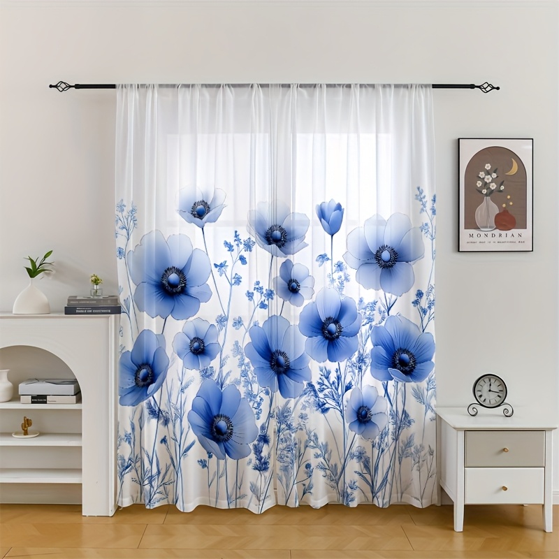 TEMU 2pcs Panels Floral Chiffon Sheer Curtains Suitable For Living Room & Bedroom - Semi-sheer Filtering Window Drapes With Rod Pocket, , Machine