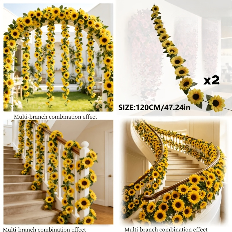 TEMU 2pcs Set Of Artificial Sunflower Vine Decorations Includes 2 Hanging Sunflower Garlands And 10 Ties With Realistic-looking And Green Foliage,